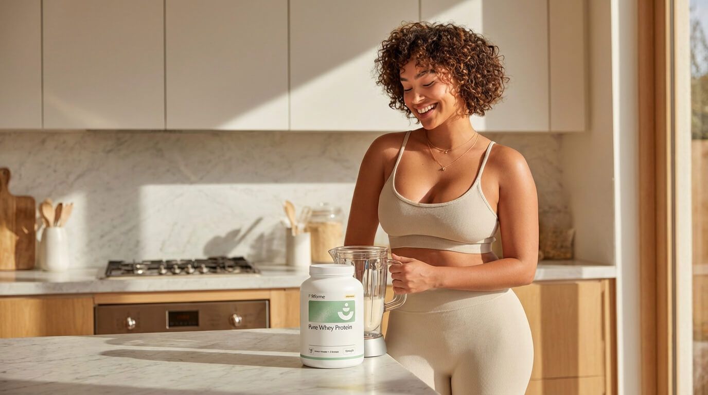 Smiling woman in sports bra mixing a drink in a modern kitchen with protein powder.