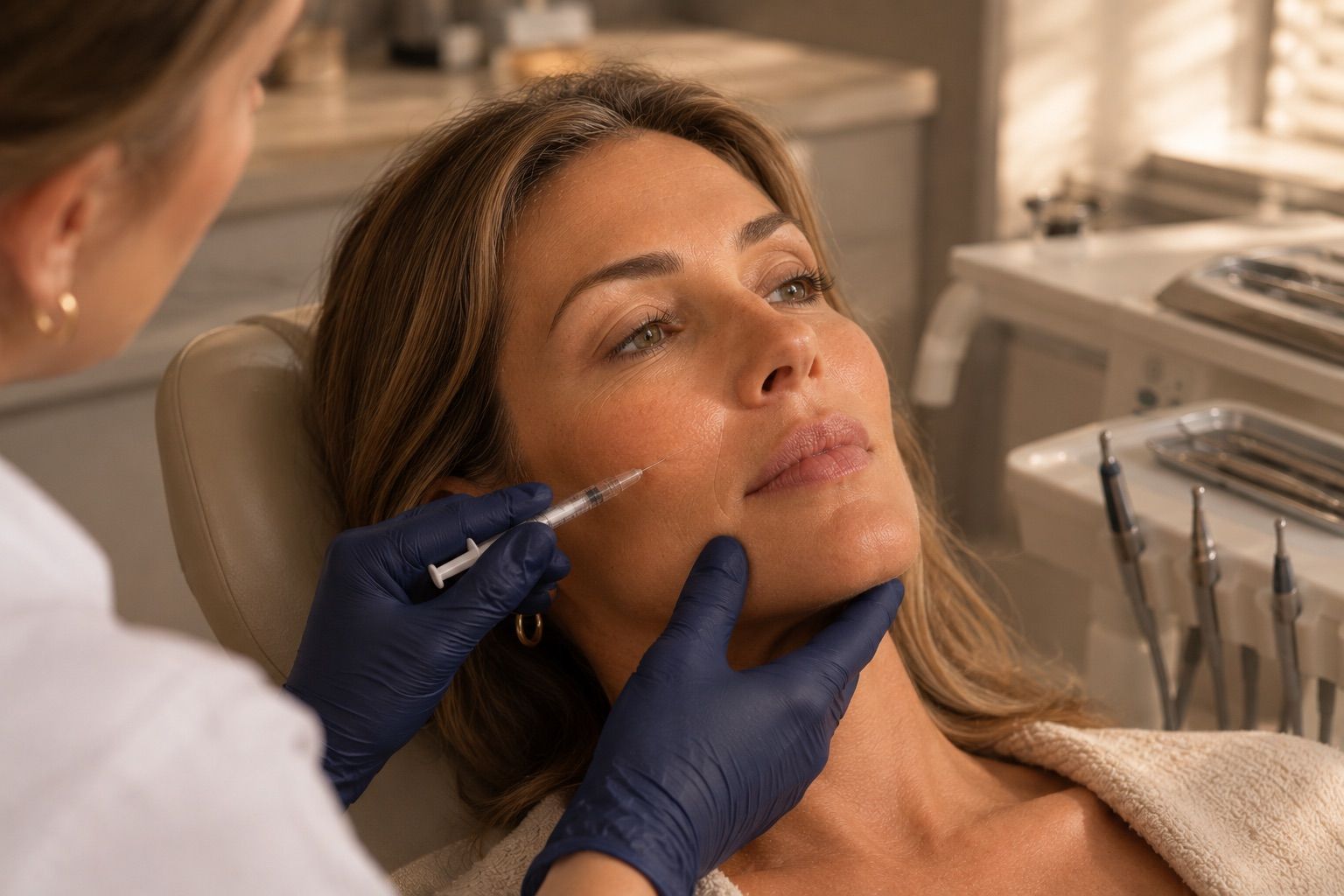 Woman receiving an injection in her cheek from a medical professional.