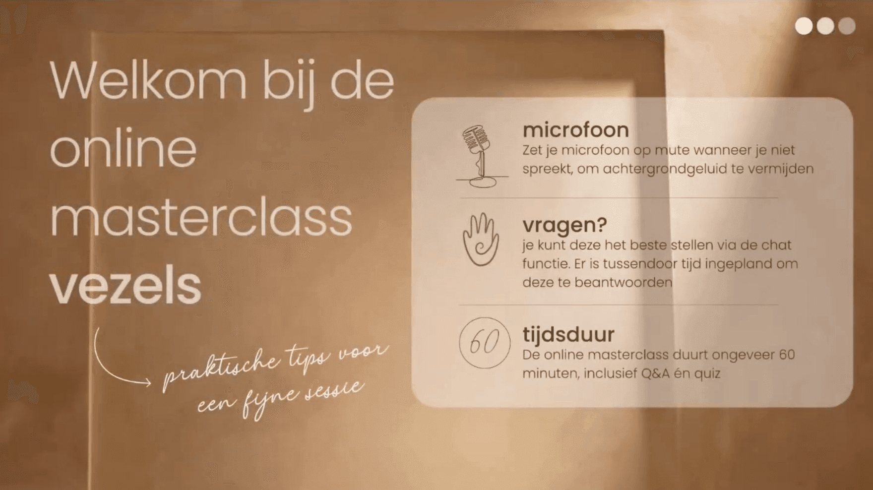 Online masterclass welcome slide detailing tips for microphone use, questions, and session duration.