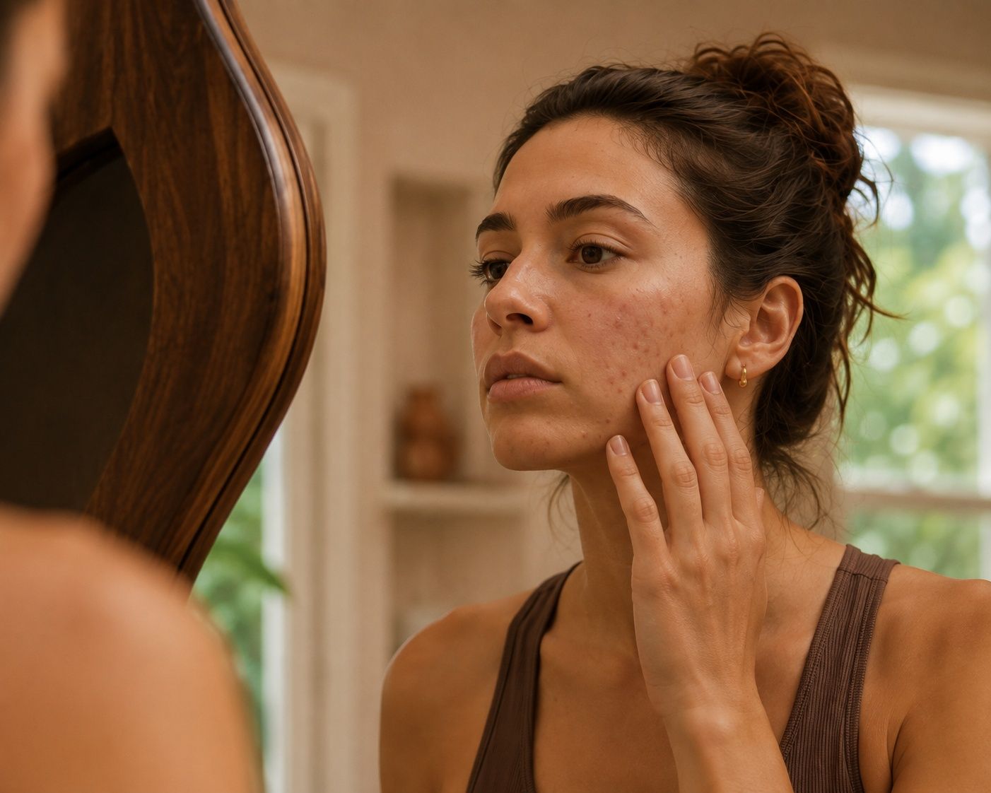 A woman with dark hair examines her face in a mirror, touching her cheek with concern.
