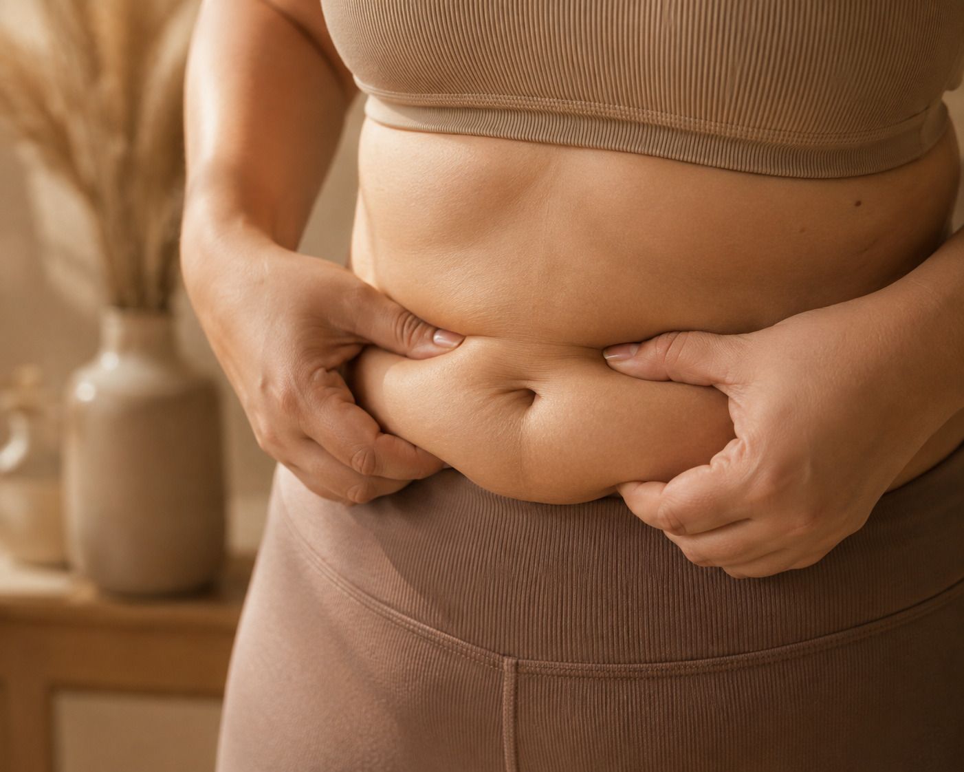 Person pinching their stomach fat, highlighting natural body curves and self-acceptance.