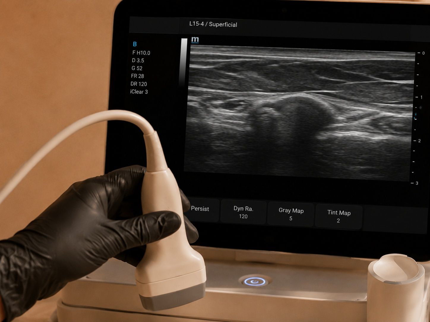 Gloved hand holding an ultrasound probe, displaying a black and white scan on a monitor.