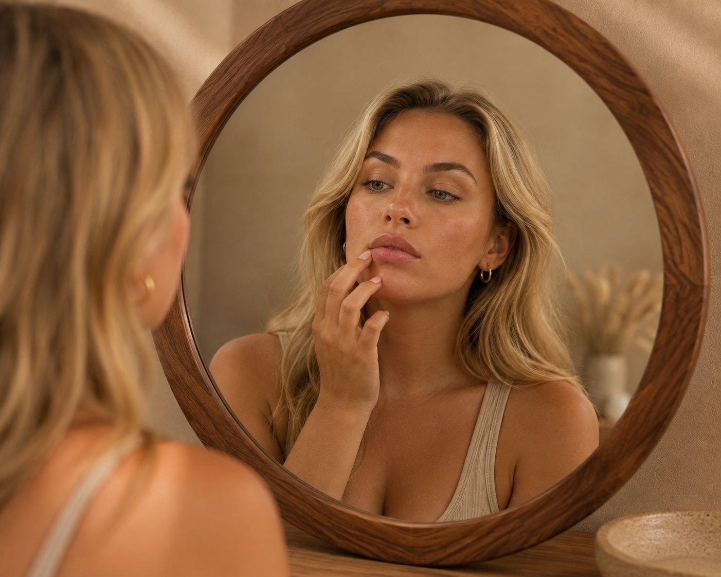 Blonde woman looking at her reflection in a circular wooden mirror, touching her chin.