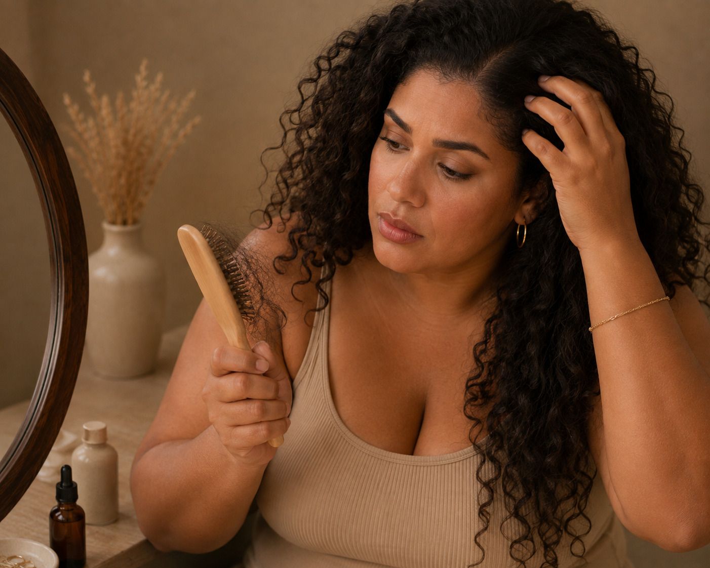 Woman with curly hair examining her scalp and hair with a wooden comb.
