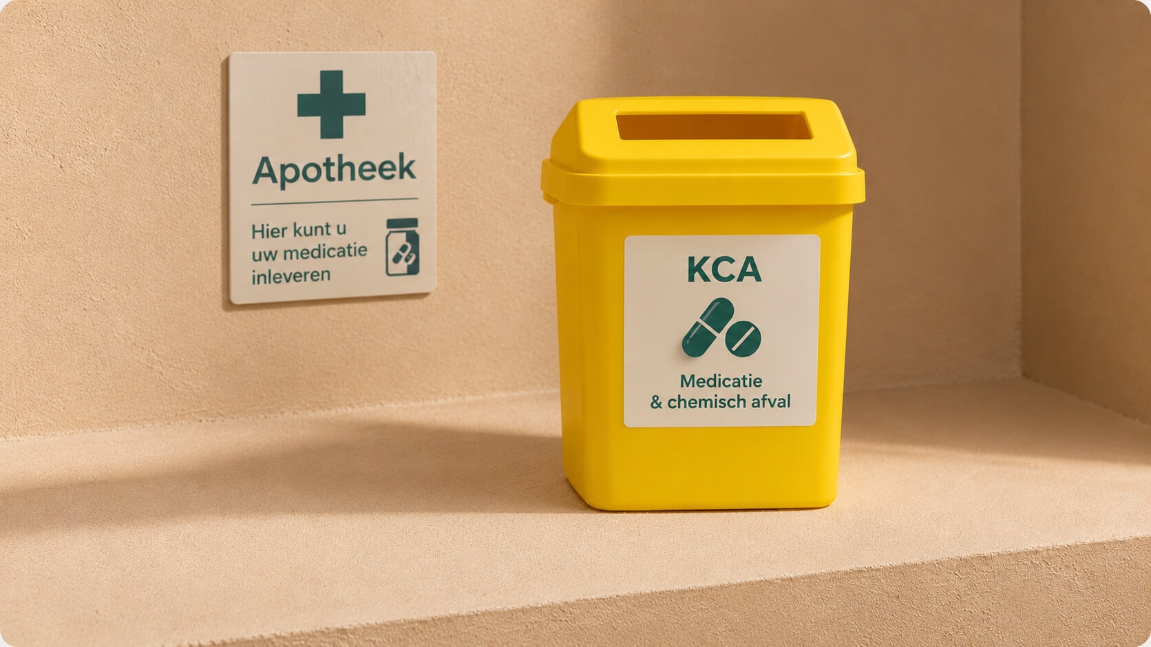 Yellow KCA medical waste bin for medication disposal next to an 'Apotheek' sign.