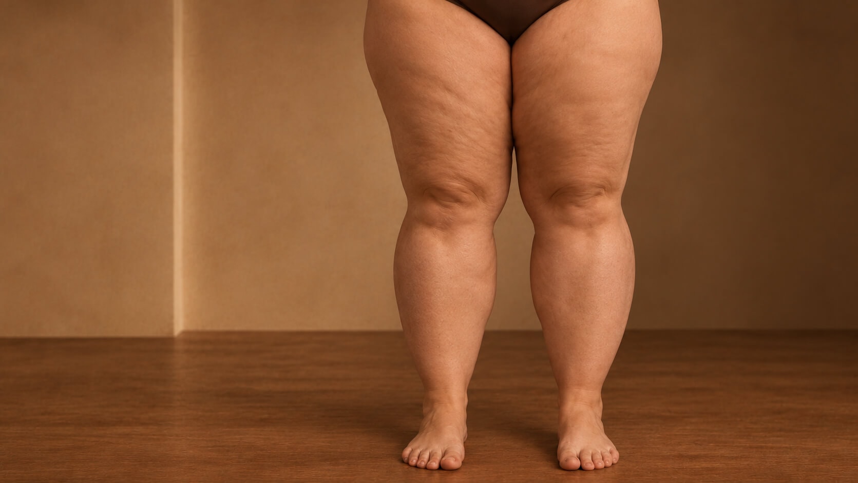 Person's bare legs with visible cellulite on the thighs, standing on a wood floor.