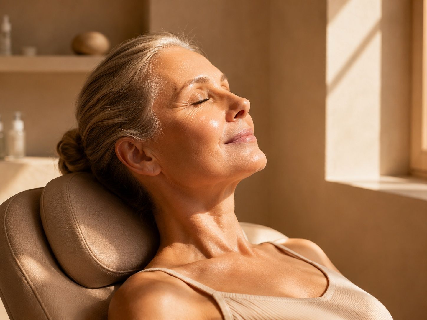 Mature woman relaxes with eyes closed, basking in warm sunlight, showcasing healthy, glowing skin.