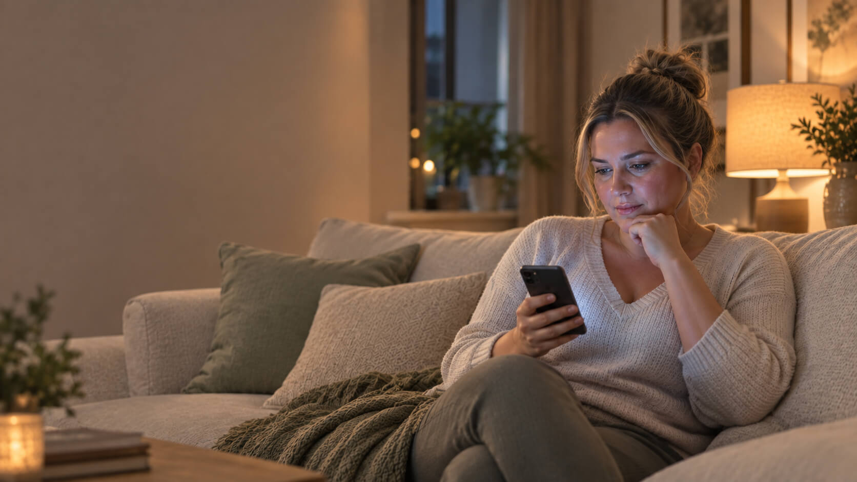 Woman on a sofa in a dark room looking at her glowing phone.