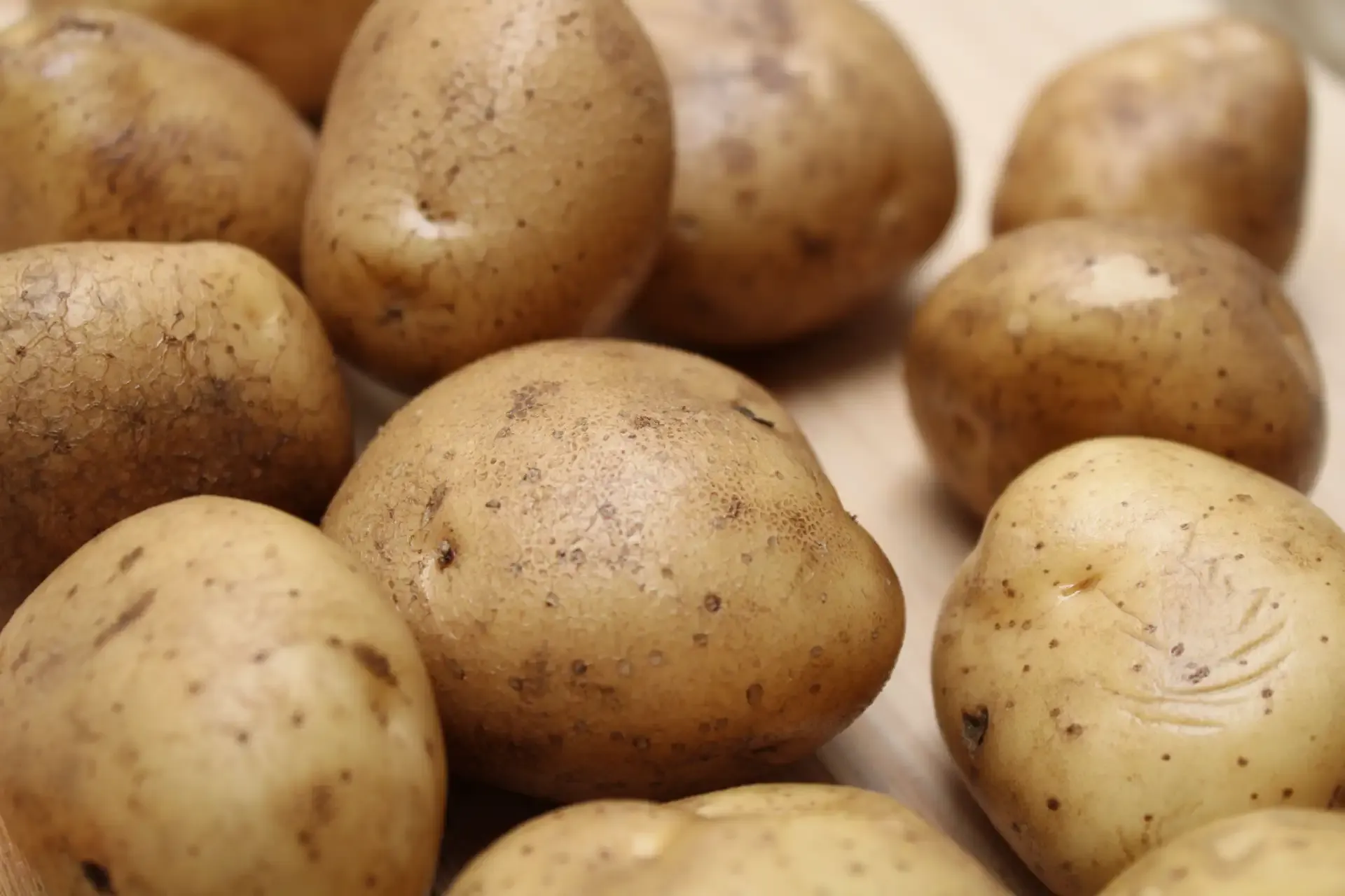 A close-up view of numerous fresh, unpeeled brown potatoes scattered on a surface.