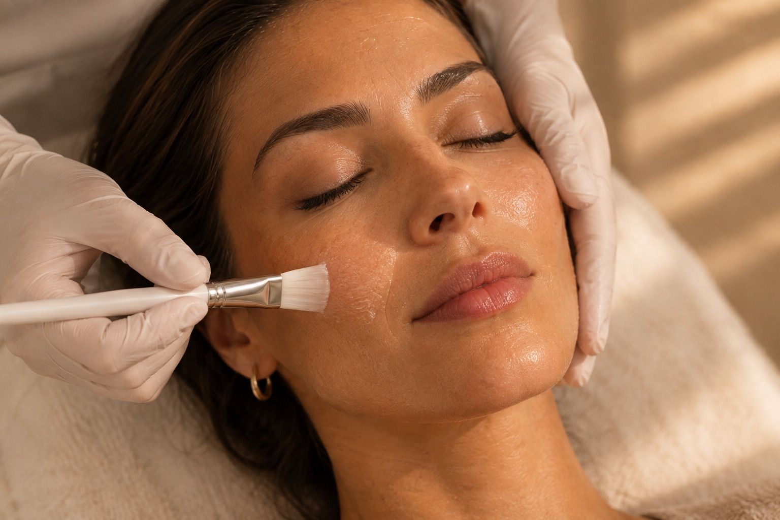 Woman with closed eyes receives a facial, gloved hand applies product with a brush.