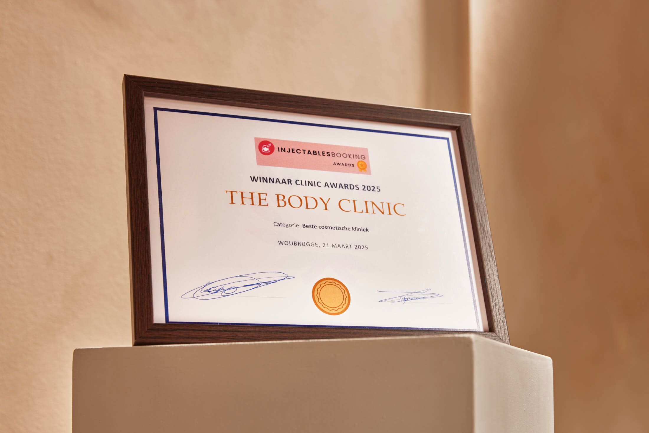 Certificaat winnaar beste cosmetische kliniek van Nederland bij The Body Clinic