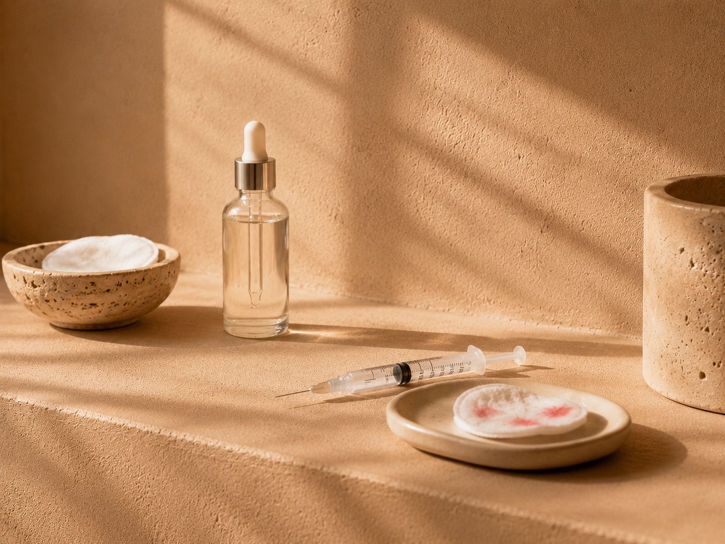 Dropper bottle, syringe, and cotton pads on a minimalist brown surface with shadows.