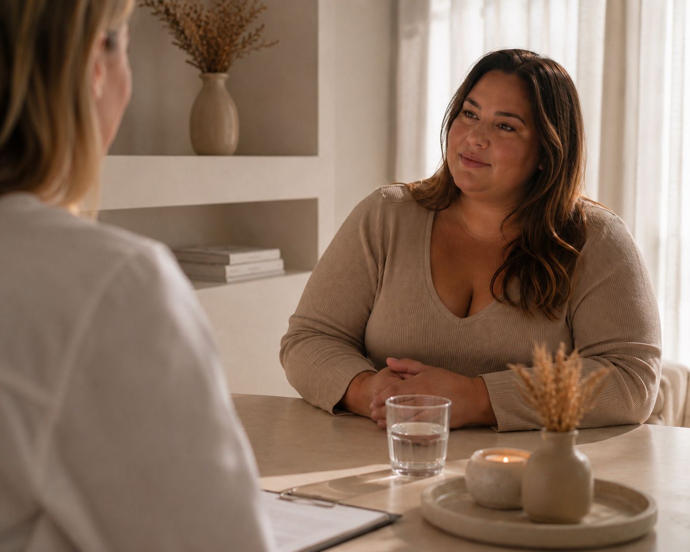 A smiling woman in a beige top listens intently to a consultant at a neutral-toned table.