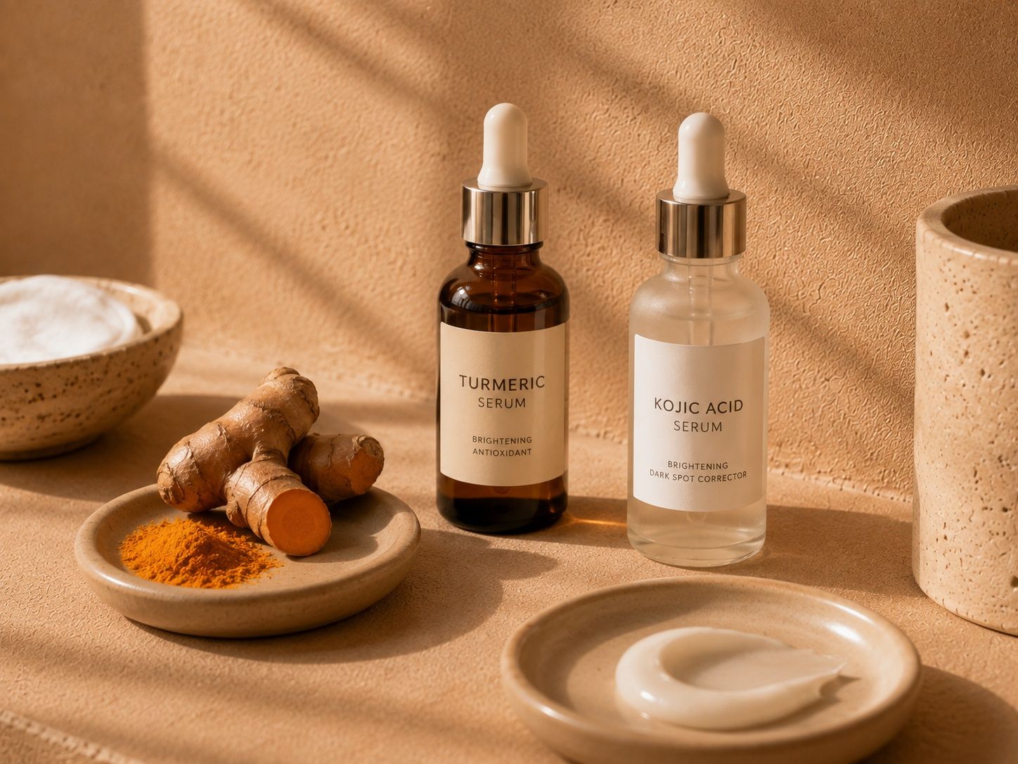 Skincare serums with turmeric roots, powder, and cream on a natural beige background.