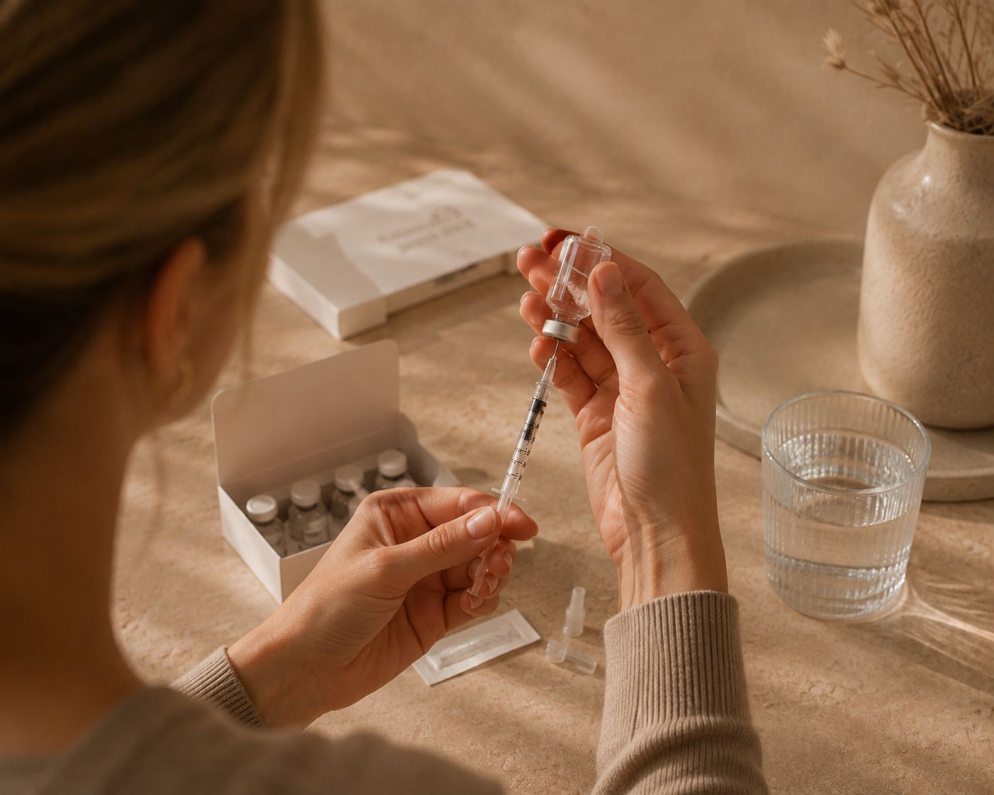 Woman preparing a syringe with medication vials on a table at home.