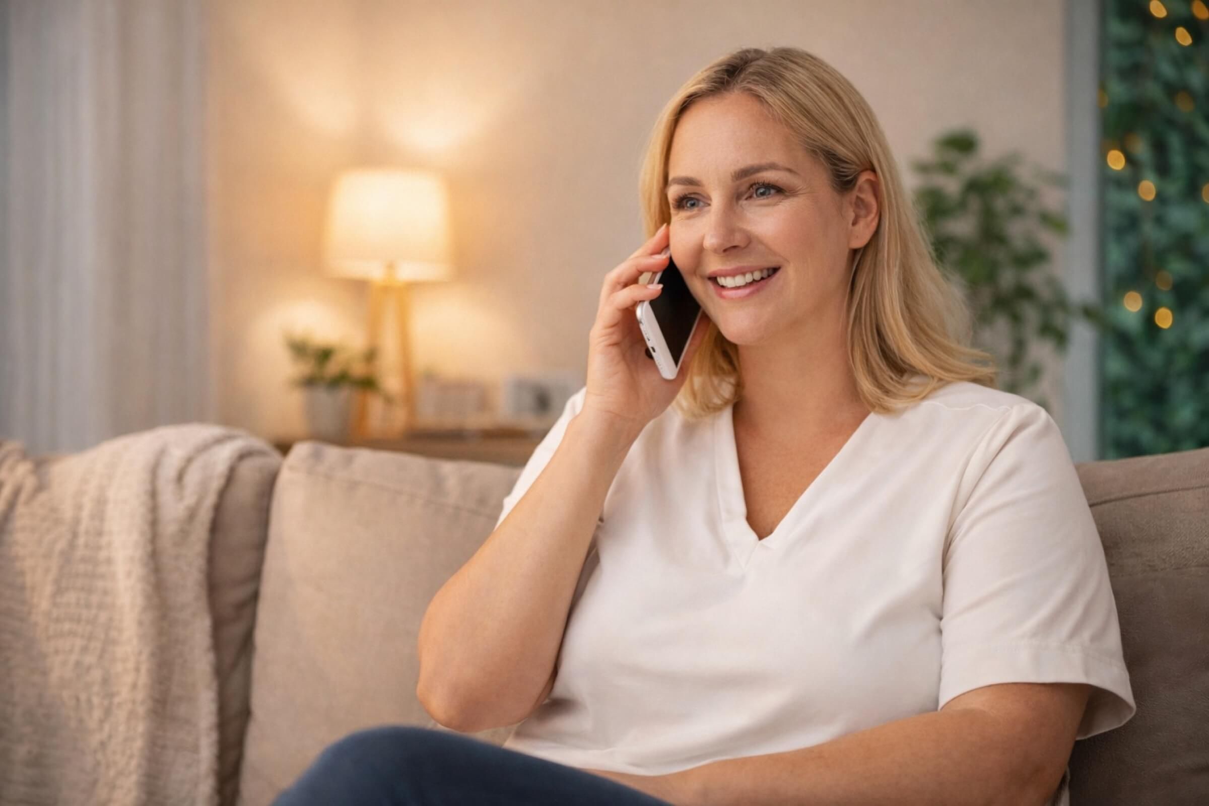 Blonde woman smiling while talking on a smartphone on a comfortable sofa.