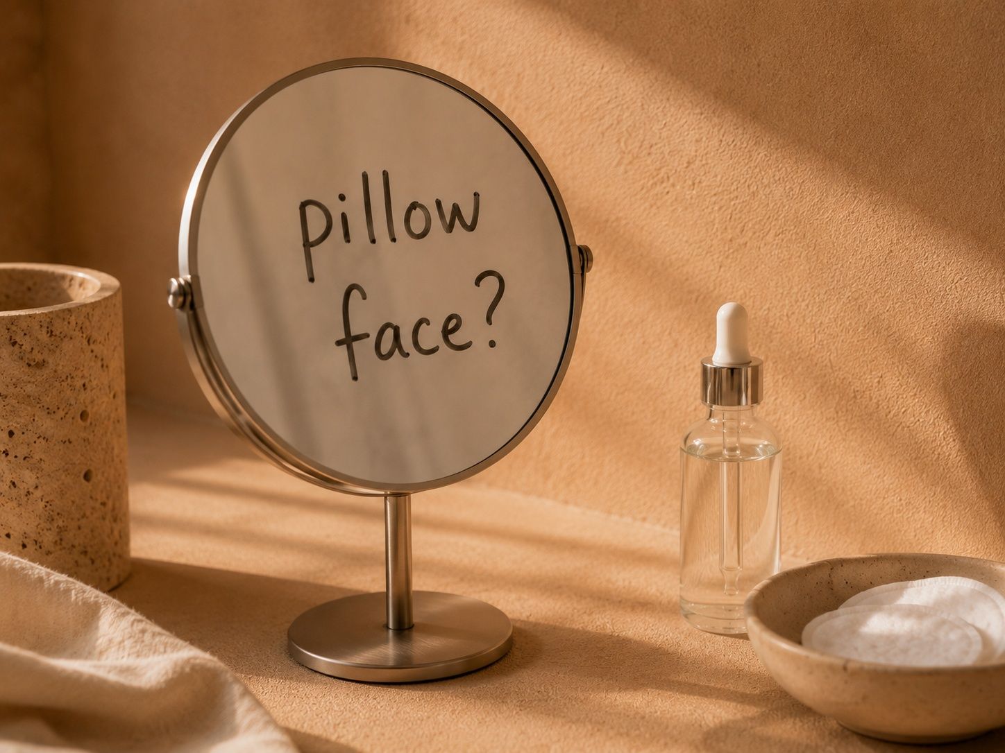 Round mirror reflecting "pillow face?" alongside a serum bottle and bowl of white powder.