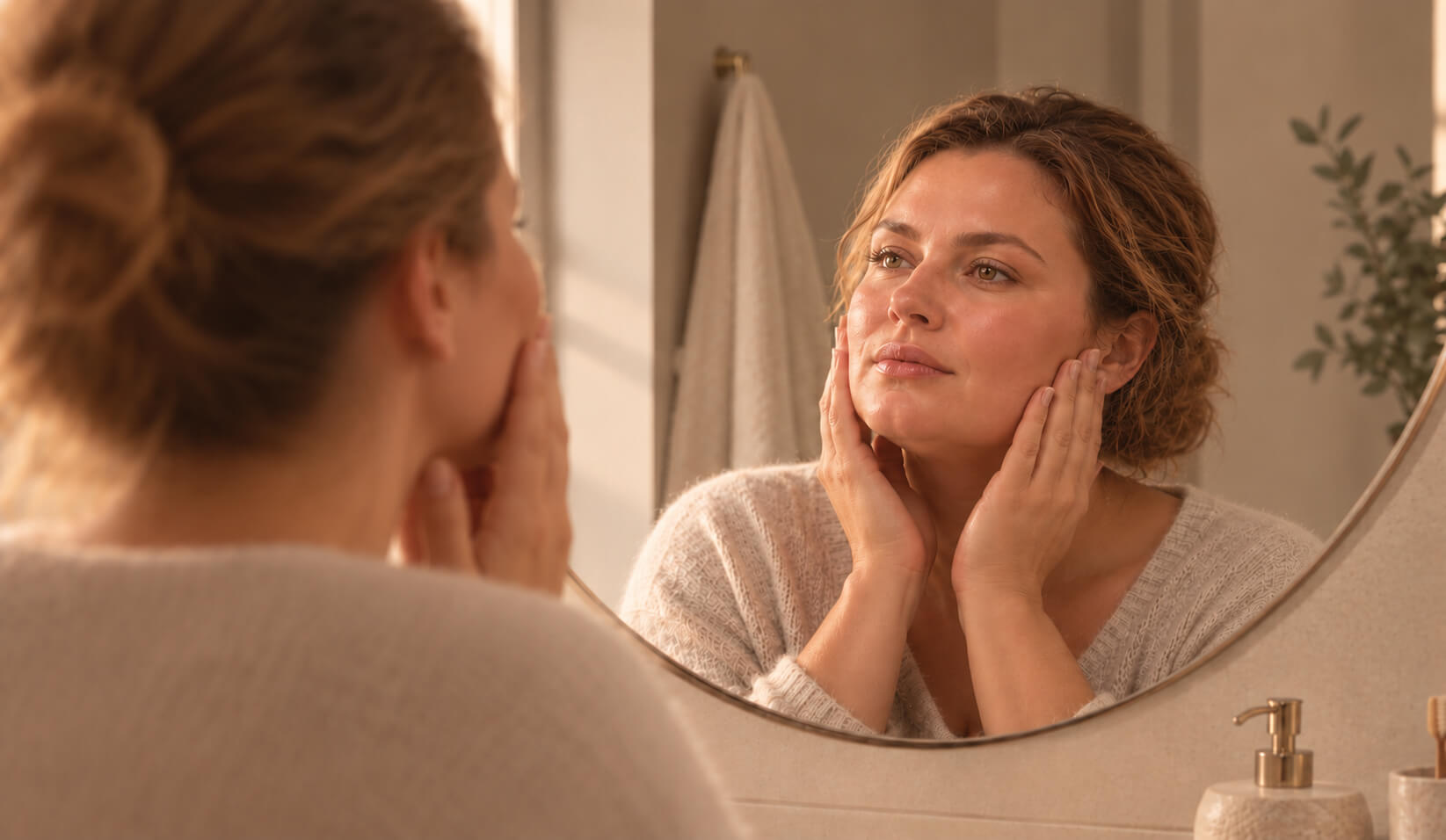 Woman with hands on face examines her reflection in a soft-lit bathroom mirror.