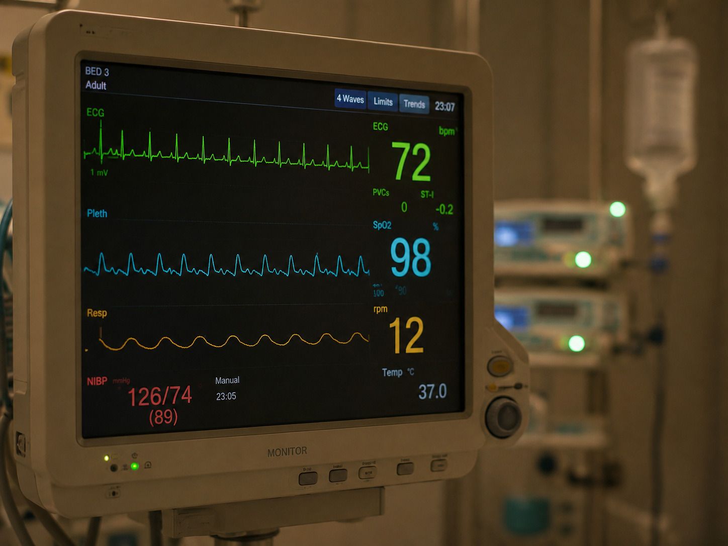 Medical monitor displays patient vital signs: heart rate, oxygen saturation, blood pressure, and waveforms.