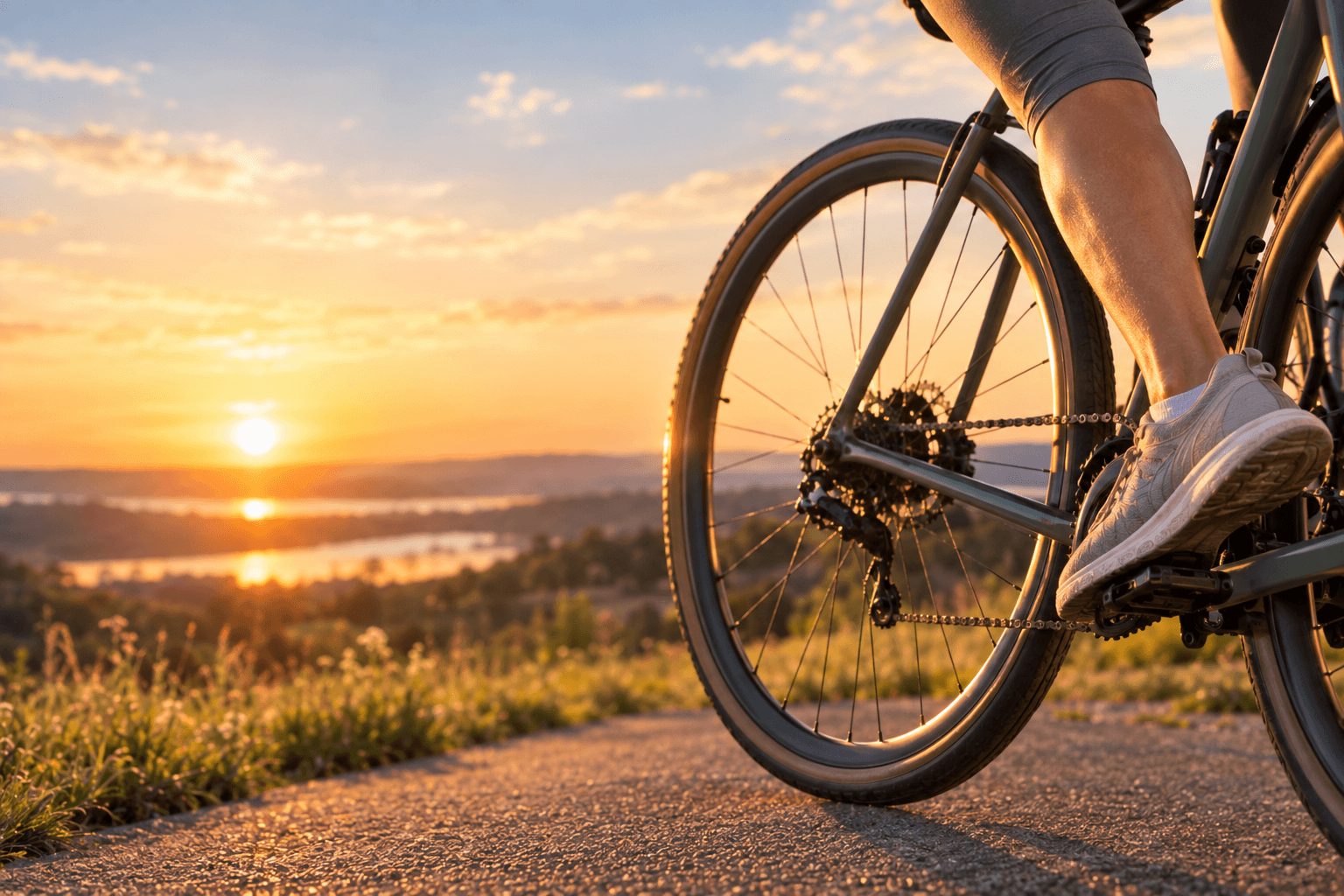 Person cycling on a road at sunset with a beautiful lake and hills in the distance.