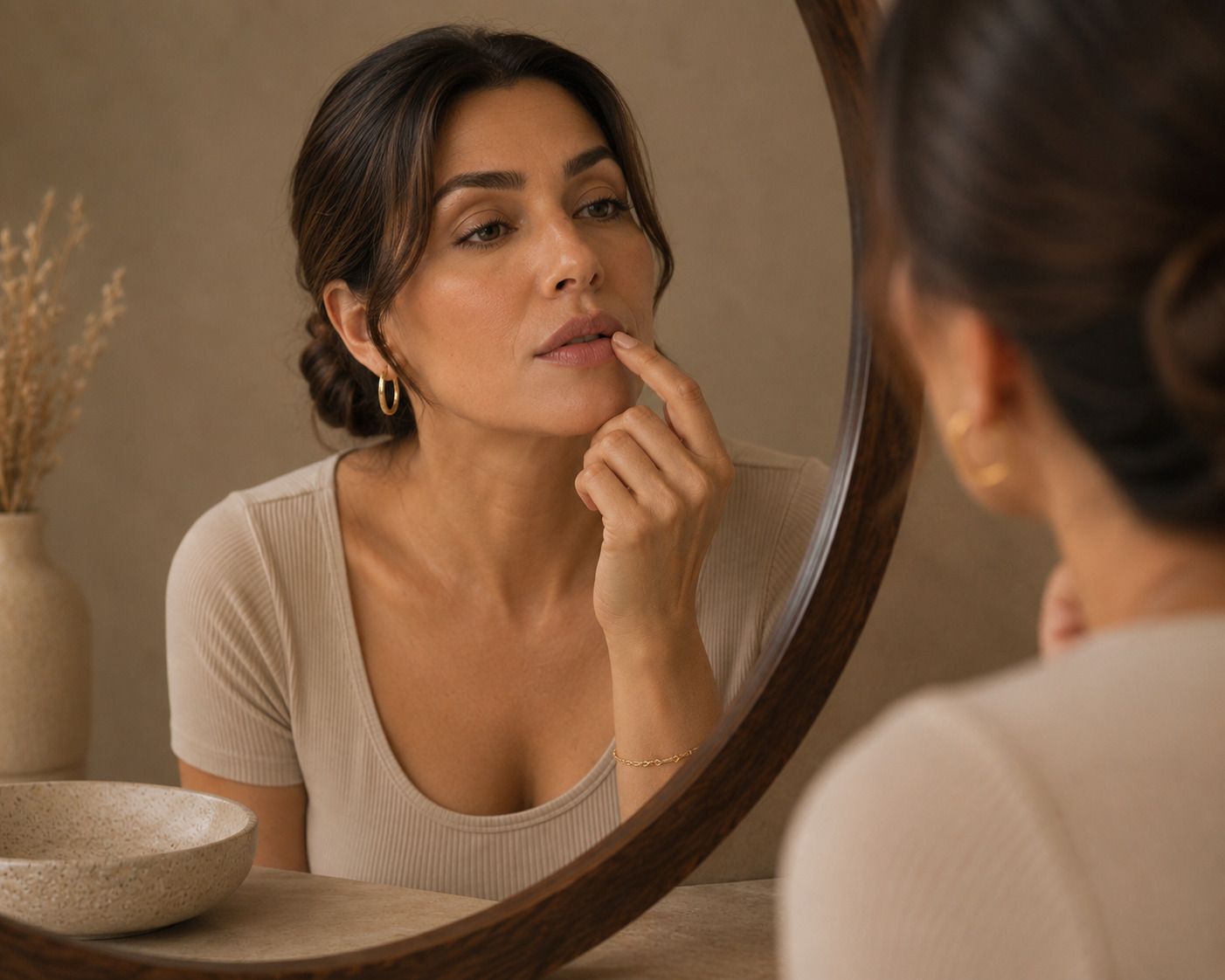 Woman with dark hair touches her lip, looking at her reflection in a round mirror.