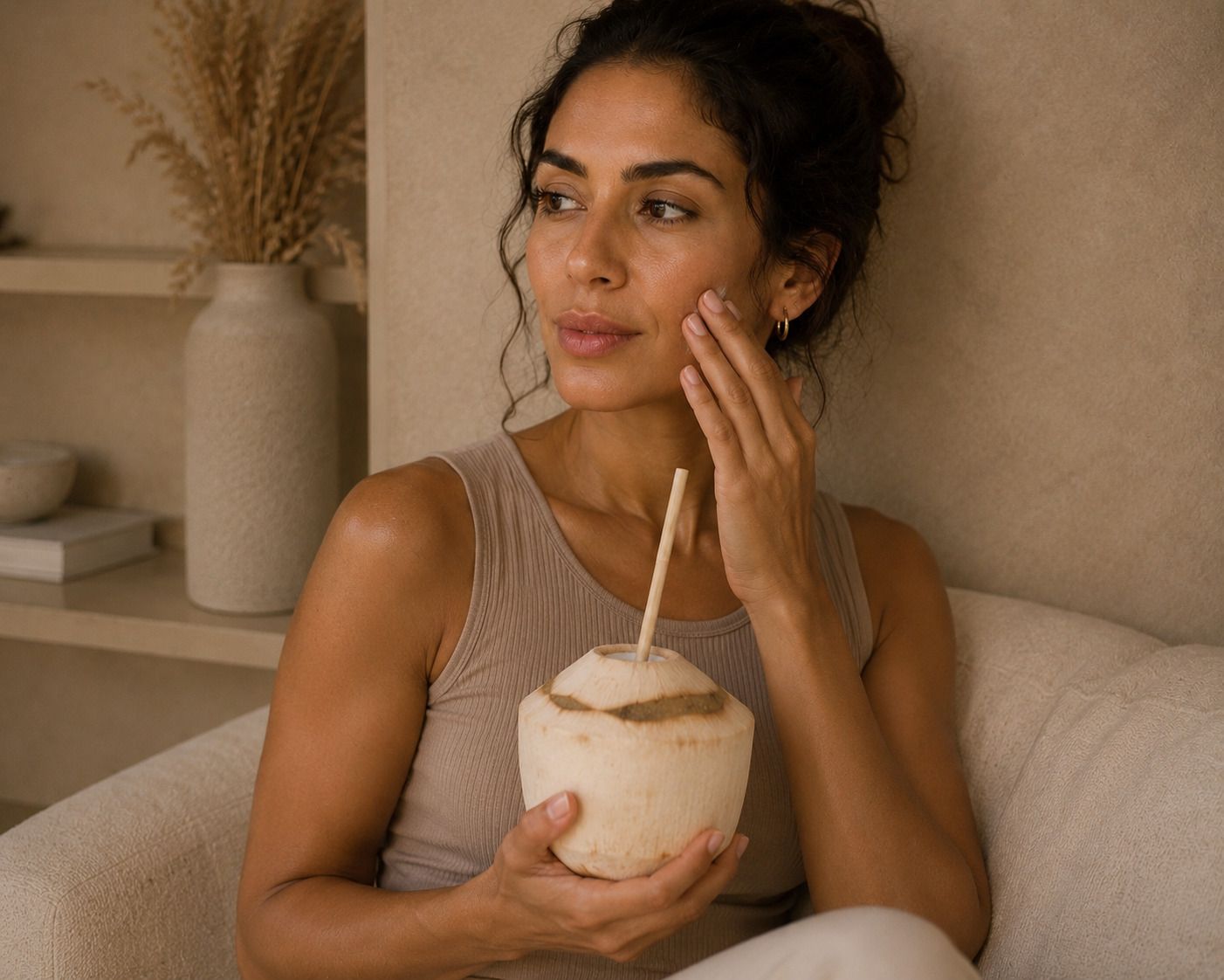 Young woman holding a fresh coconut drink and gently touching her radiant skin.