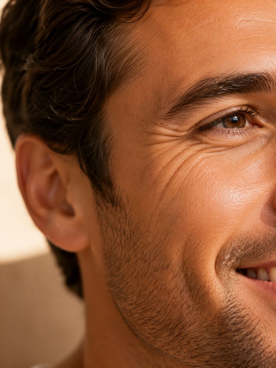 Close-up of a smiling man's face, showing wrinkles around his warm brown eye.