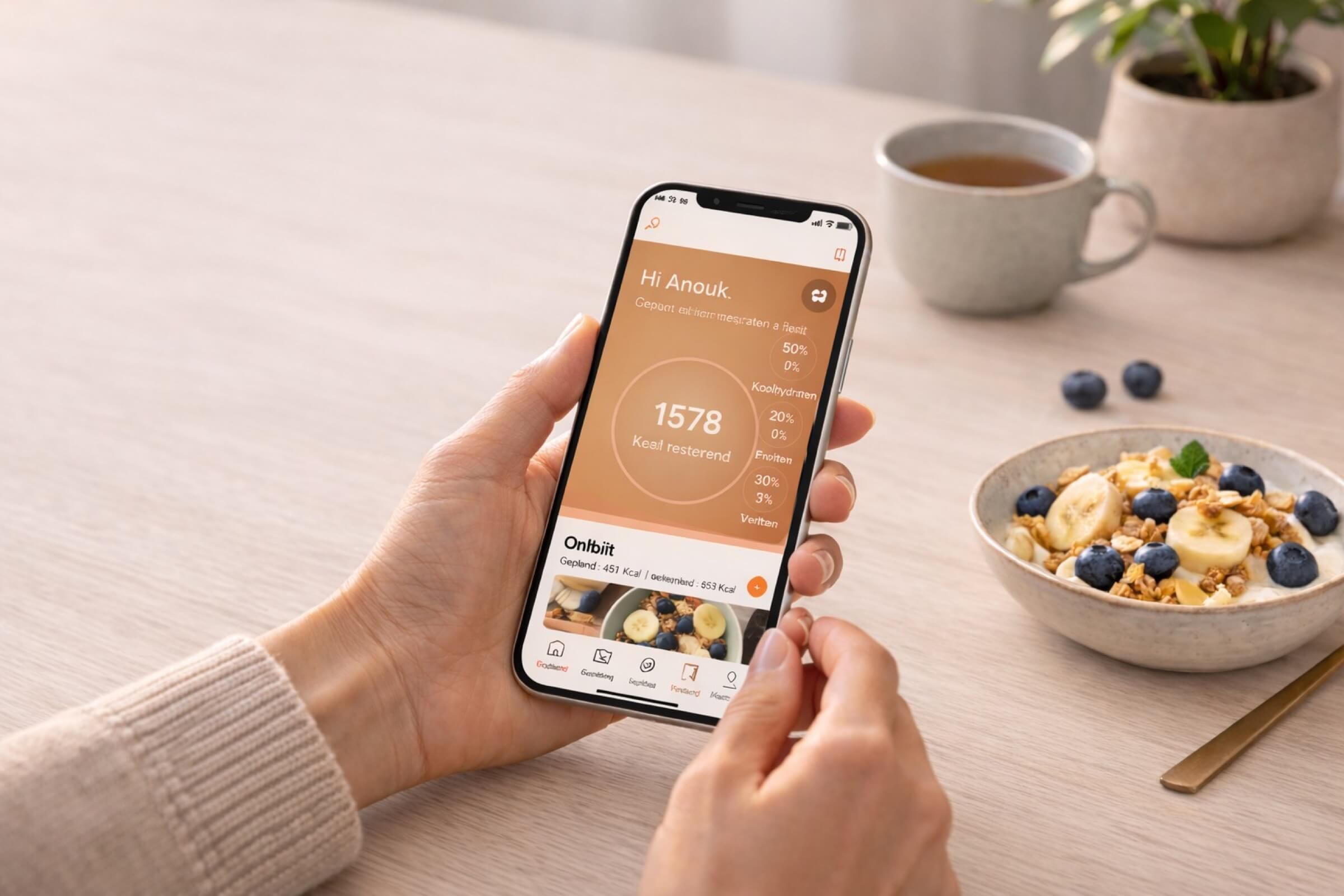 Hands holding a smartphone displaying a health app next to a breakfast bowl.