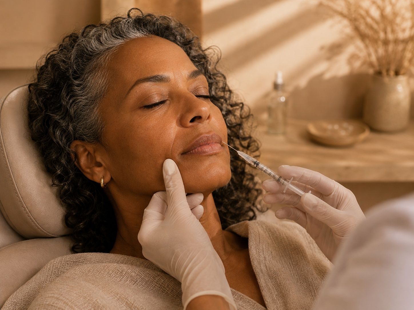 Woman with closed eyes receiving a cosmetic injection near her lips from a gloved hand.