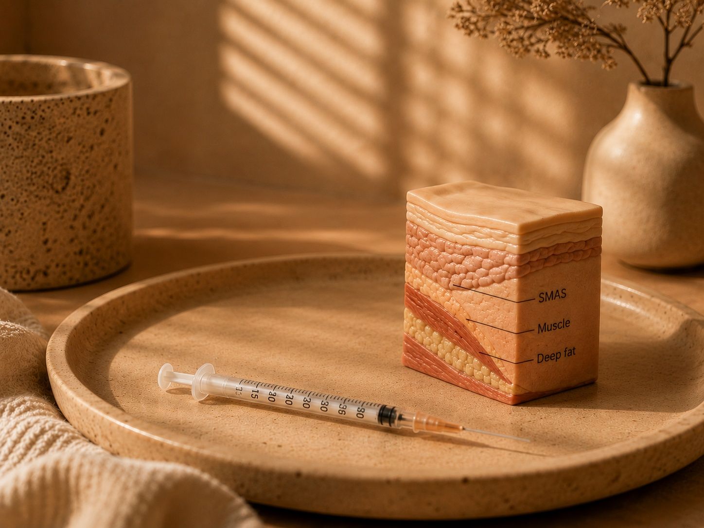 Syringe and layered anatomical model on a tray with warm, striped lighting.