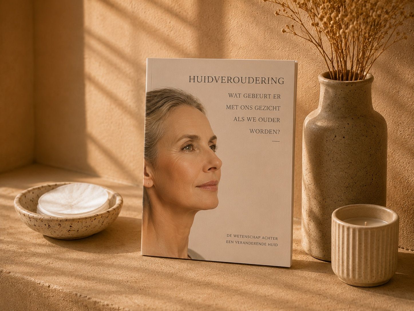 Skincare product box featuring a woman's profile and text "HUIDVEROUDERING" on a warm shelf.