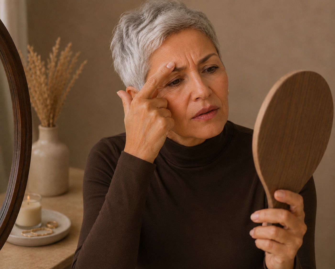 Older woman with grey hair examining her forehead in a handheld mirror.