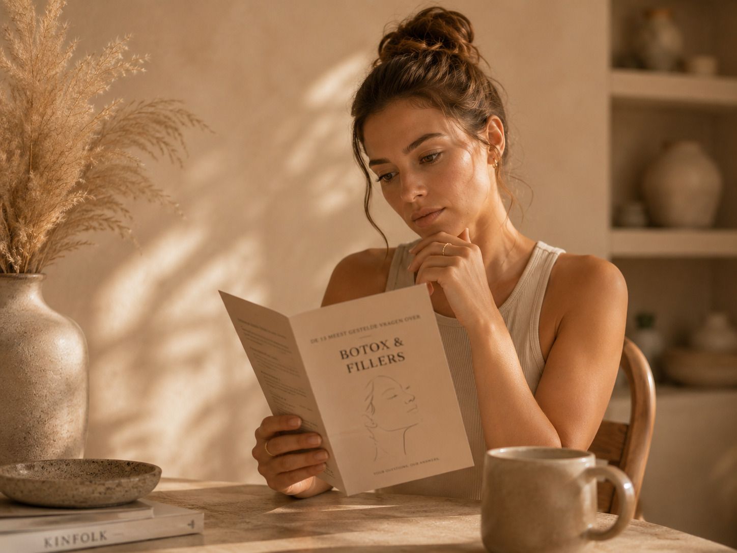 Young woman intently reads a book titled 'Matcha Power' at a sunny table.