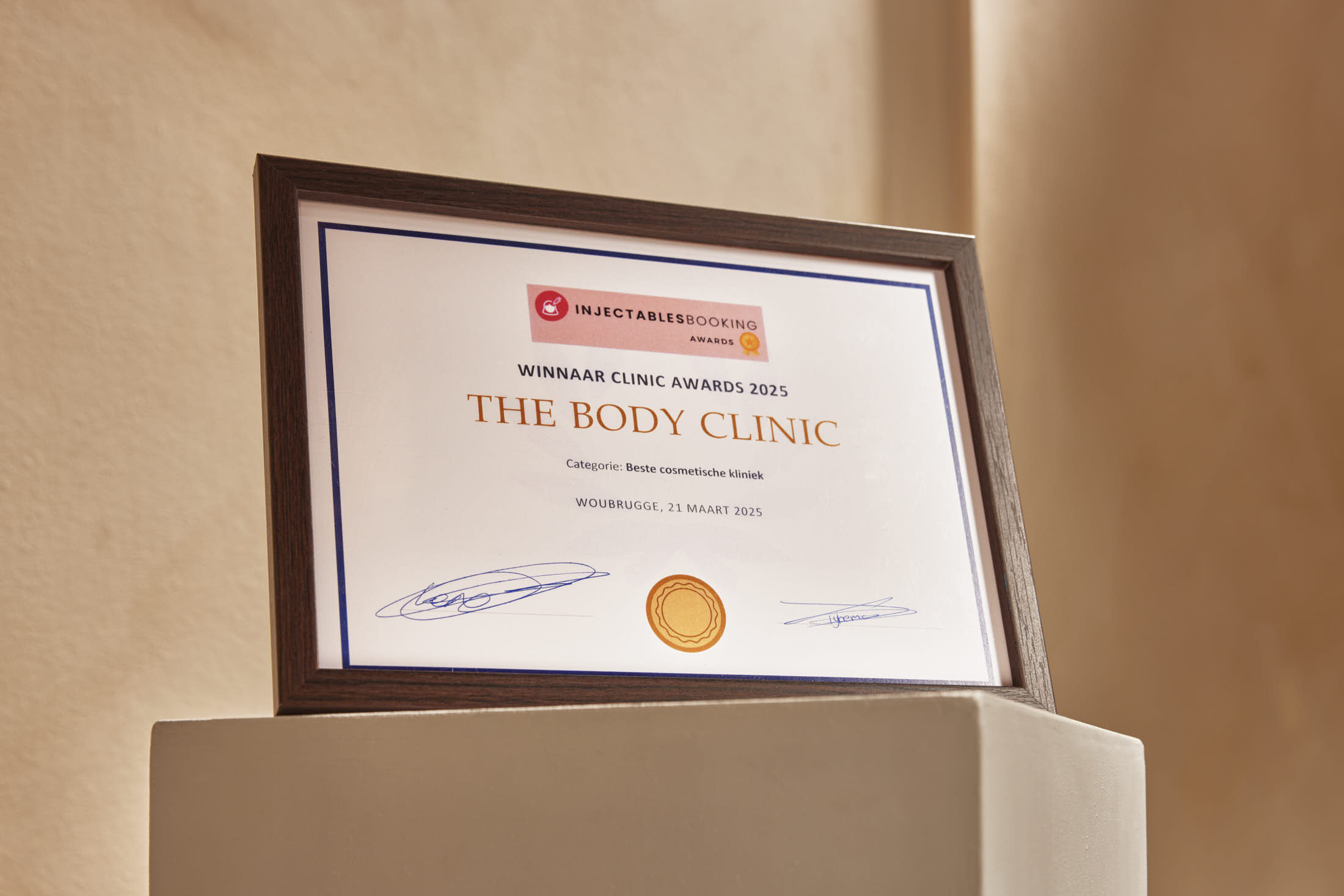 Framed award certificate for The Body Clinic displayed on a white pedestal.