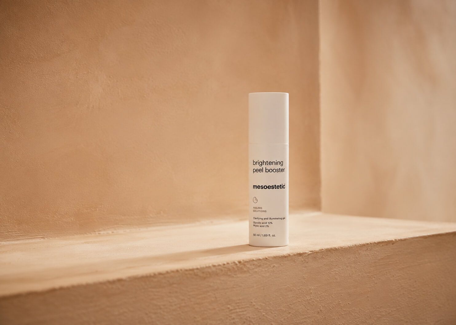 White 'Brightening Eye Serum' bottle by wowoo with hyaluronic acid on a light beige shelf.