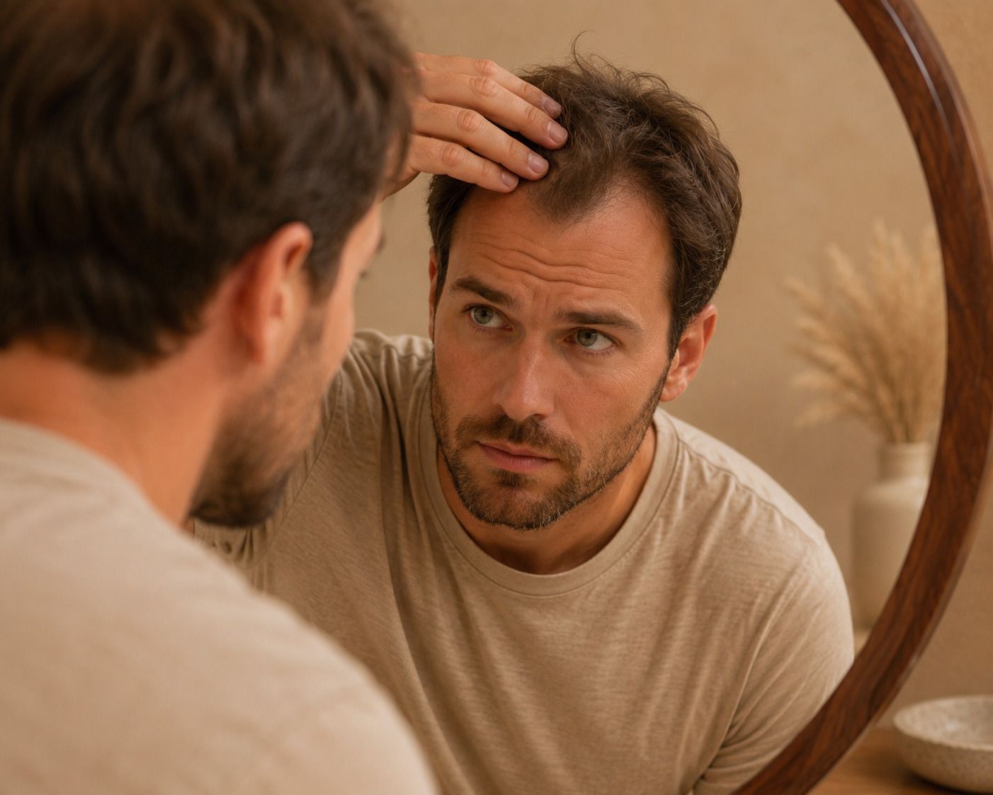 Man concernedly examines his thinning hair in a round mirror.
