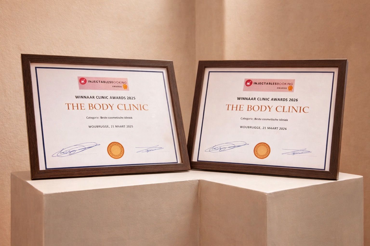 Two framed Women's Choice Awards for The Body Clinic, designating it America's Best 2024.