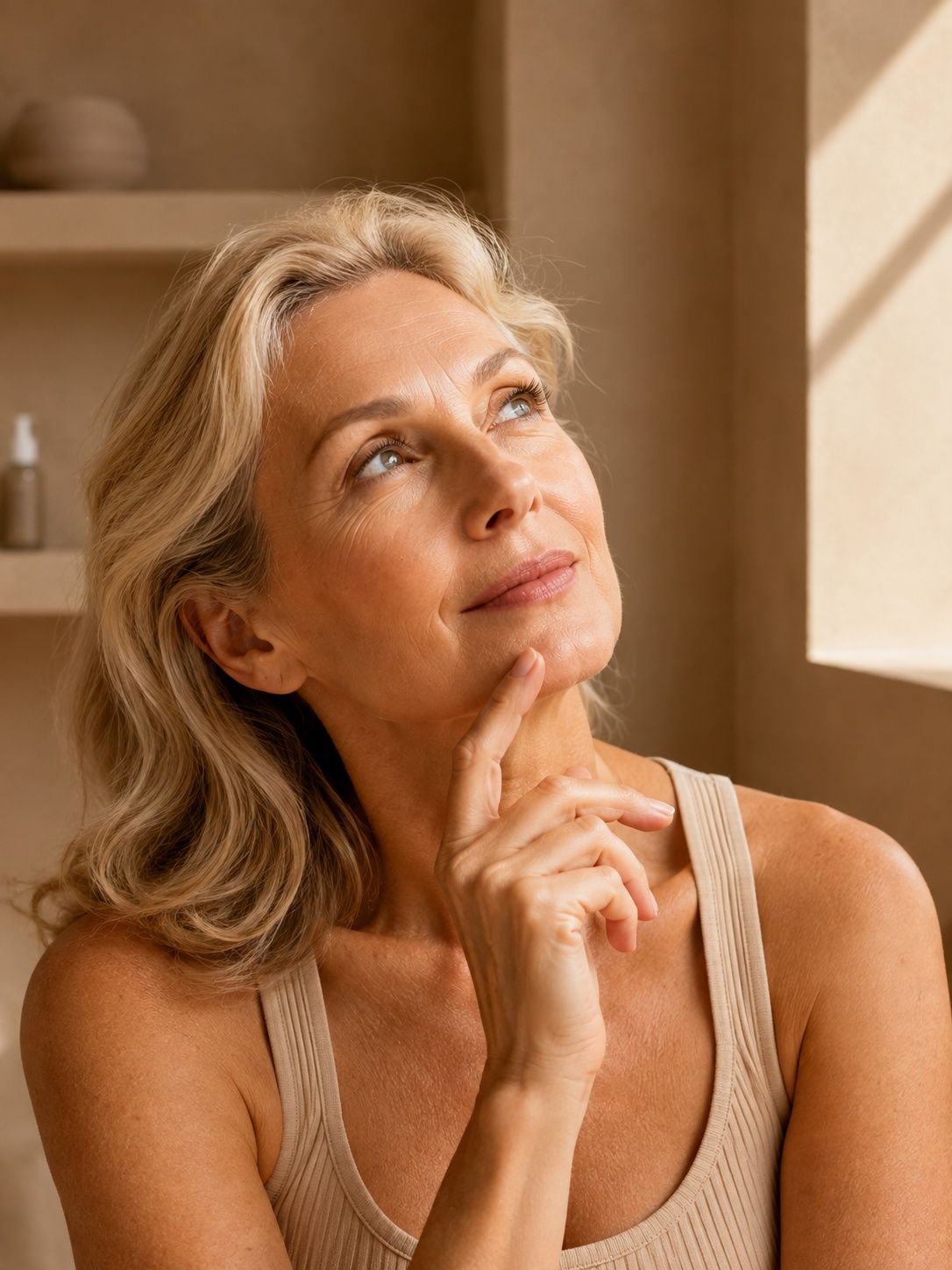 Thoughtful mature woman with blonde hair looking up, hand on chin in sunlight.