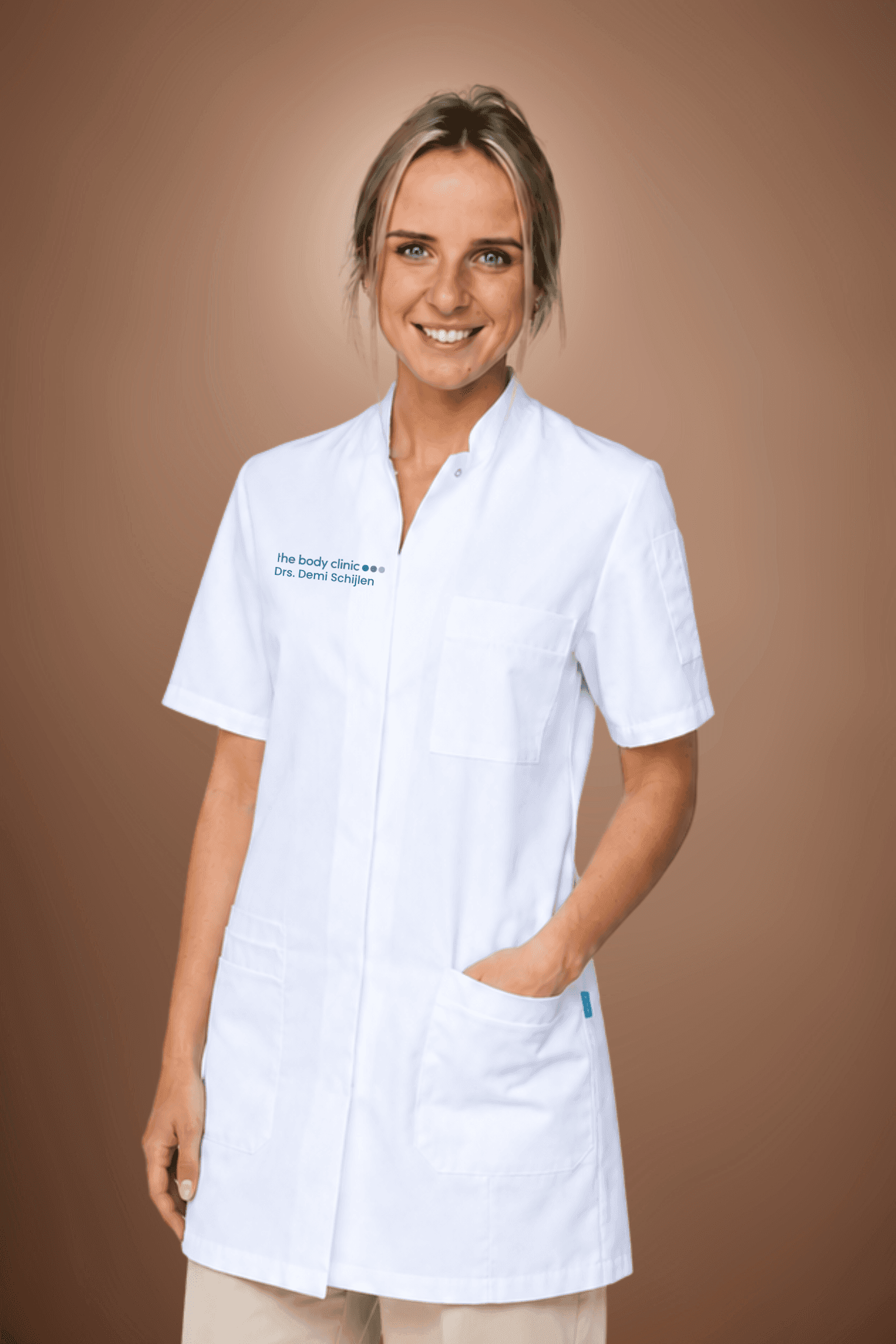 Smiling woman in white medical tunic with blonde hair looking at the camera.