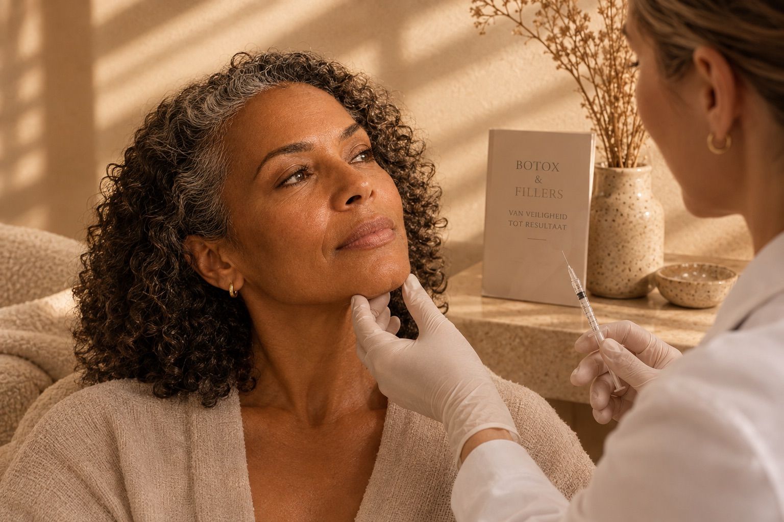 Woman receiving a cosmetic facial treatment from a professional holding a syringe.