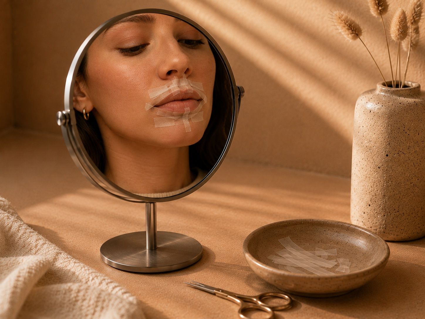 Woman's reflection shows white cream on her upper lip, with beauty tools nearby.