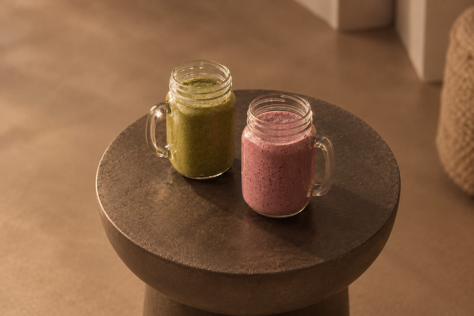 Two mason jar smoothies, one green and one pink, rest on a round metal stool.