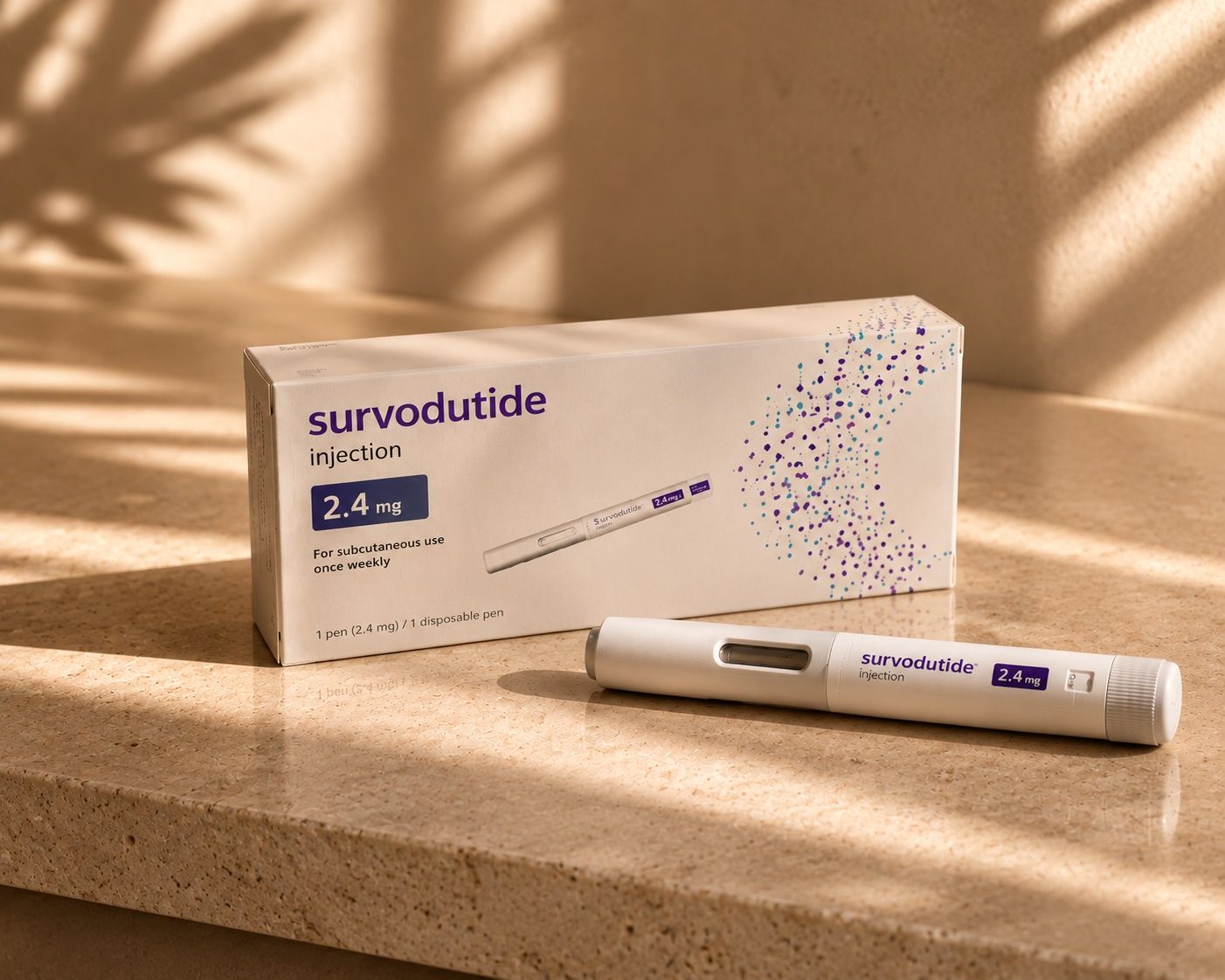 Survodutide injection pen and its packaging box, both displaying 2.4 mg dosage.